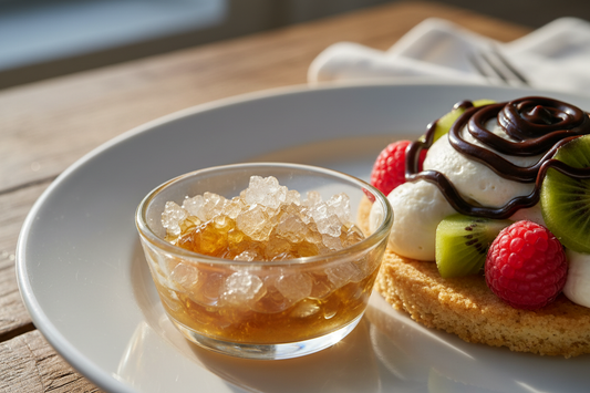 THCA sugar (diamond sauce) crystals and terpene sauce used as a finishing drizzle on a dessert